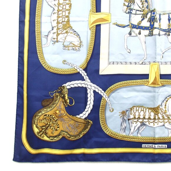 Hermes Blue and Gold Equestrian Scarf - Picture 4 of 9